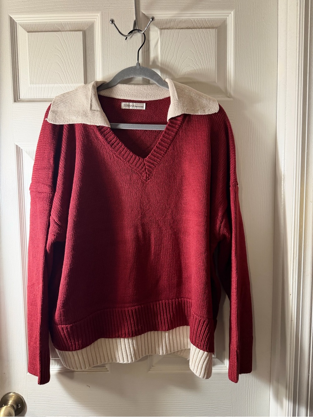 Zenana Red V-Neck Collared Sweater with Contrast Trim